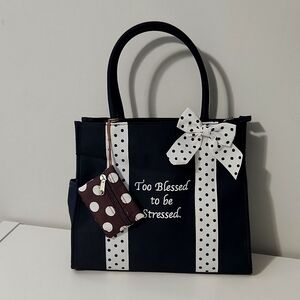 MWW Market 'Too Blessed To Be Stressed' Blk Tote Bag, Purse Polka Dot Ribbon